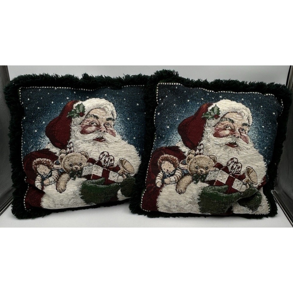 Vintage American Weavers 1998 Tapestry Pillow Santa Holiday Decor Throw 15" Pair
